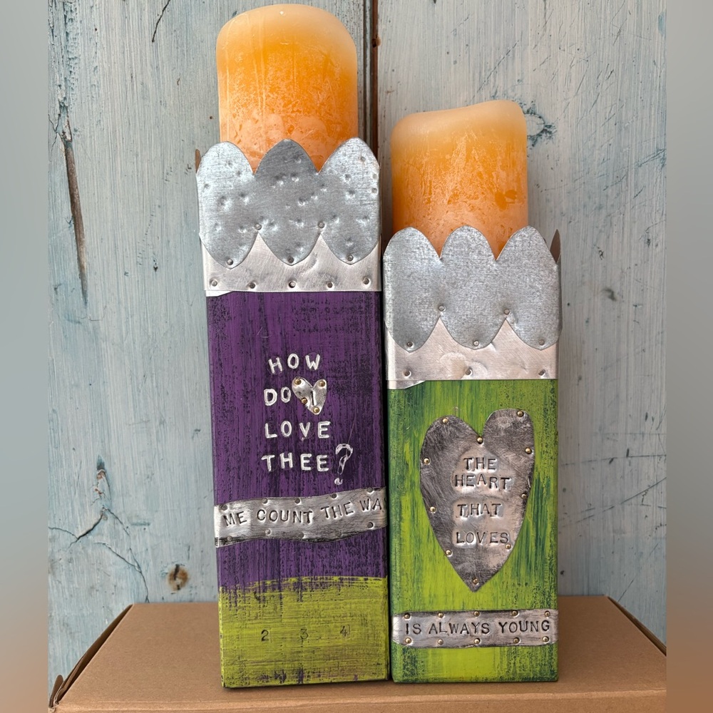 Artisan-Made Purple and Green Wood & Tin Decorative Candle Holder with Saying - Picture 5 of 16